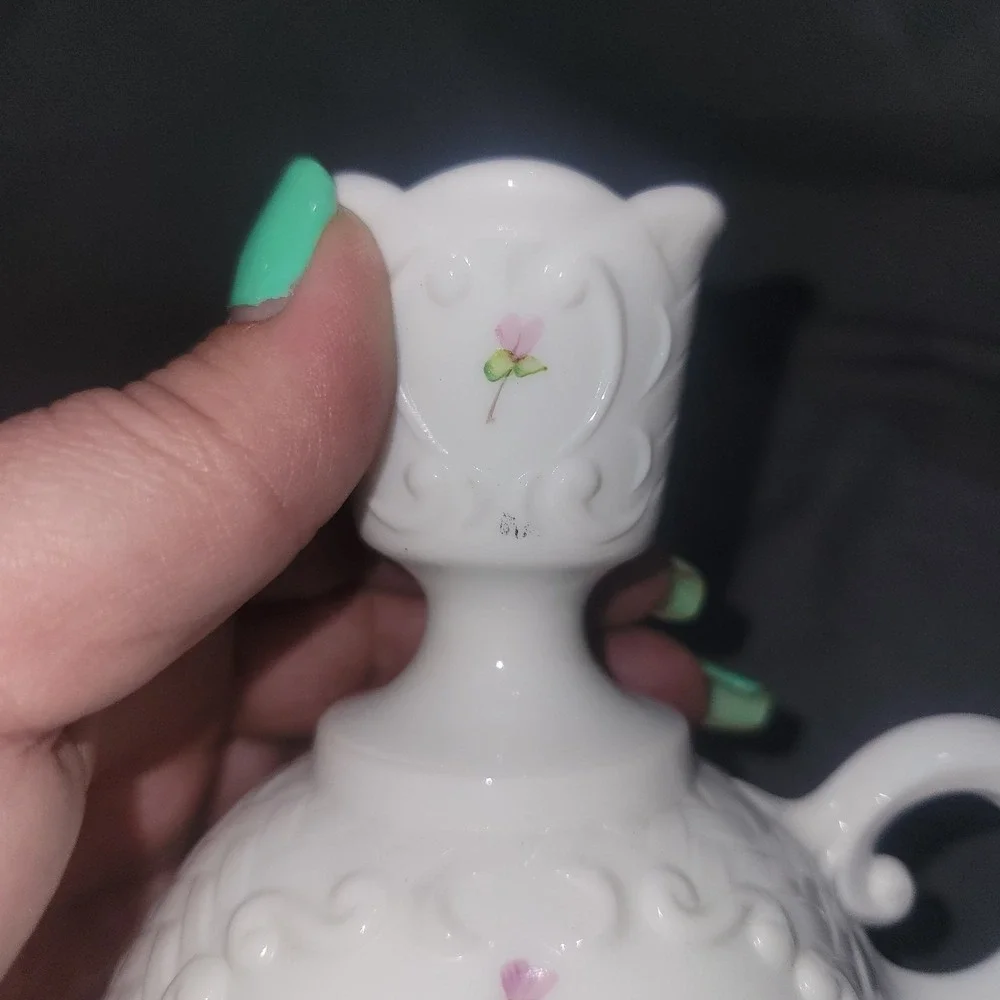 Milk Glass Finger Ring Candle Holder Hand Painted Violets Signed by Vicki F
